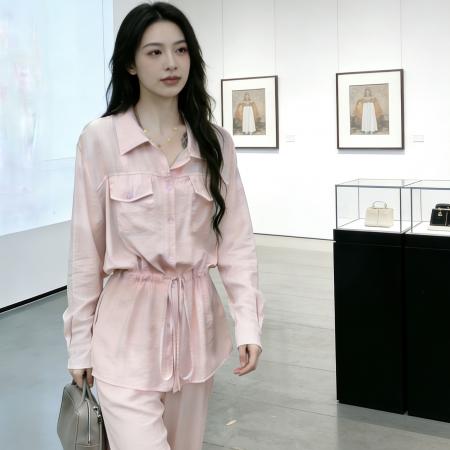 春夏新款休闲慵懒风长袖系带收腰衬衫女＋阔腿裤两件套套装 服裝批發女裝批發服飾貨源