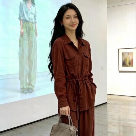 BY12238# 春夏新款休闲慵懒风长袖系带收腰衬衫女＋阔腿裤两件套套装 服裝批發女裝批發服飾貨源