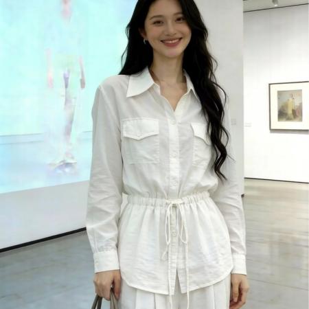 BY12238# 春夏新款休闲慵懒风长袖系带收腰衬衫女＋阔腿裤两件套套装 服裝批發女裝批發服飾貨源