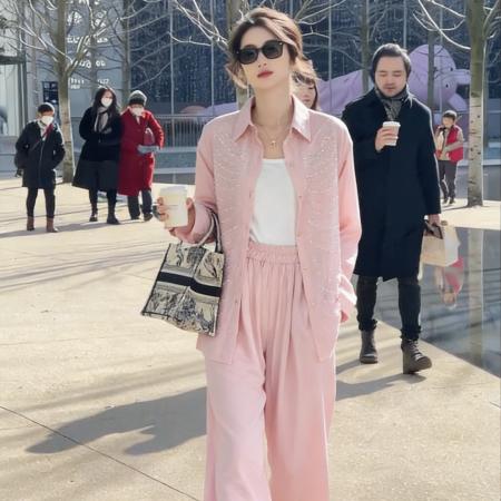 BY12239# 春季休闲两件套穿搭女宽松时尚烫钻长袖单排扣衬衫高腰阔腿裤套装 服裝批發女裝批發服飾貨源