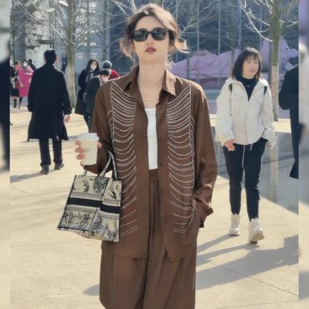 BY12239# 春季休闲两件套穿搭女宽松时尚烫钻长袖单排扣衬衫高腰阔腿裤套装 服裝批發女裝批發服飾貨源