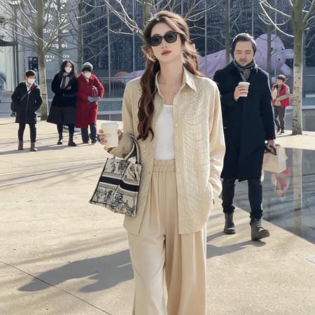 BY12239# 春季休闲两件套穿搭女宽松时尚烫钻长袖单排扣衬衫高腰阔腿裤套装 服裝批發女裝批發服飾貨源