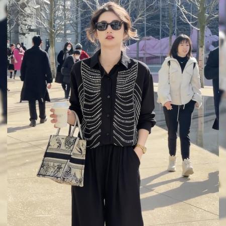 BY12239# 春季休闲两件套穿搭女宽松时尚烫钻长袖单排扣衬衫高腰阔腿裤套装 服裝批發女裝批發服飾貨源