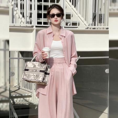 复古慵懒风衬衫套装女春季新款韩系松弛感衬衫休闲长裤两件套 服裝批發女裝批發服飾貨源