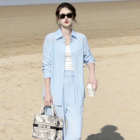 BY12240# 复古慵懒风衬衫套装女春季新款韩系松弛感衬衫休闲长裤两件套 服裝批發女裝批發服飾貨源