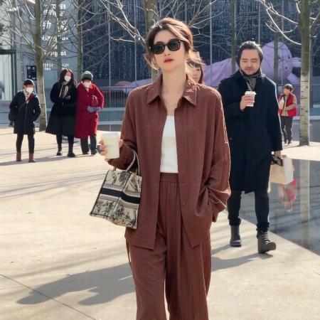 BY12240# 复古慵懒风衬衫套装女春季新款韩系松弛感衬衫休闲长裤两件套 服裝批發女裝批發服飾貨源