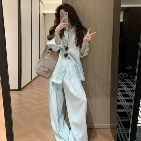 BY12241# 老钱风松弛感套装女春季薄款防晒衬衫外套休闲阔腿裤子两件套 服裝批發女裝批發服飾貨源