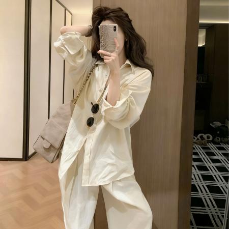 BY12241# 老钱风松弛感套装女春季薄款防晒衬衫外套休闲阔腿裤子两件套 服裝批發女裝批發服飾貨源