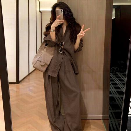 BY12241# 老钱风松弛感套装女春季薄款防晒衬衫外套休闲阔腿裤子两件套 服裝批發女裝批發服飾貨源