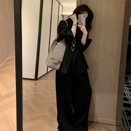 BY12241# 老钱风松弛感套装女春季薄款防晒衬衫外套休闲阔腿裤子两件套 服裝批發女裝批發服飾貨源