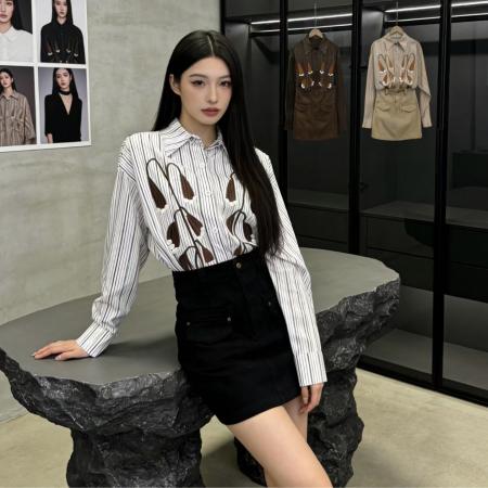 老钱风气质设计感刺绣条纹长袖上衣女新款衬衫内搭＋半身裙 服裝批發女裝批發服飾貨源