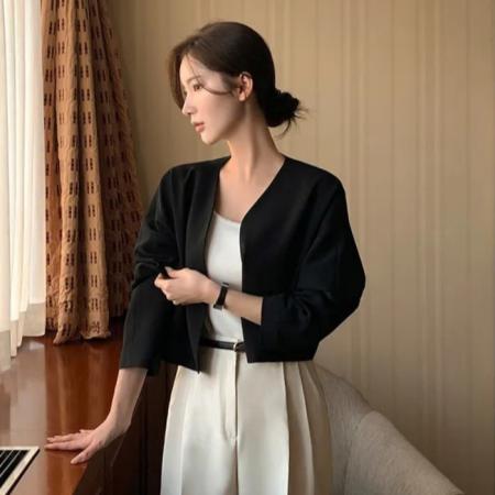 BY12244# 春上新韩式春秋极简主义气质宽松休闲百搭纯色长袖短款西装外套 服裝批發女裝批發服飾貨源