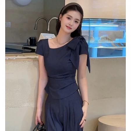 BY12245# 夏季气质高级感蝴蝶结短袖上衣阔腿裤套装 服裝批發女裝批發服飾貨源