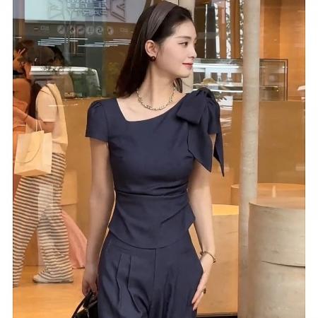 BY12245# 夏季气质高级感蝴蝶结短袖上衣阔腿裤套装 服裝批發女裝批發服飾貨源