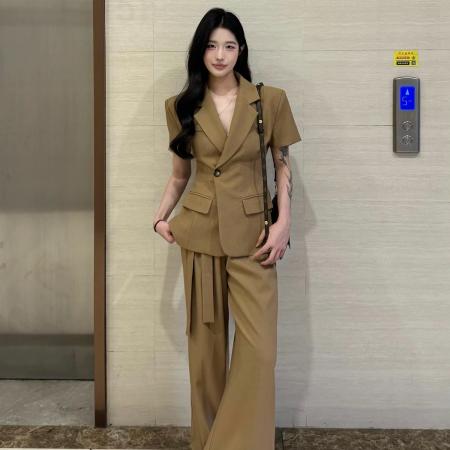 夏季新款韩系通勤时尚西装短袖女休闲阔腿裤两件套薄款西装套装潮 服裝批發女裝批發服飾貨源