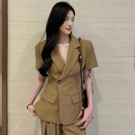 BY12246# 夏季新款韩系通勤时尚西装短袖女休闲阔腿裤两件套薄款西装套装潮 服裝批發女裝批發服飾貨源