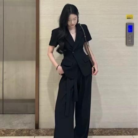 BY12246# 夏季新款韩系通勤时尚西装短袖女休闲阔腿裤两件套薄款西装套装潮 服裝批發女裝批發服飾貨源