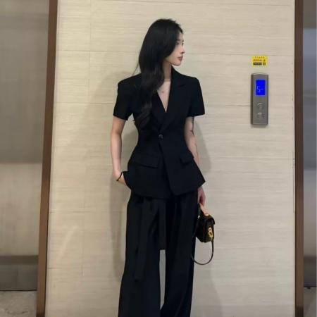 BY12246# 夏季新款韩系通勤时尚西装短袖女休闲阔腿裤两件套薄款西装套装潮 服裝批發女裝批發服飾貨源