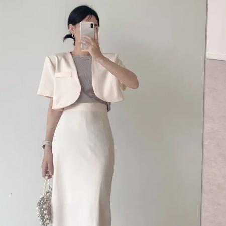 韩版西装套装夏新款休闲百搭短袖西服外套+高腰松紧半身长裙 服裝批發女裝批發服飾貨源