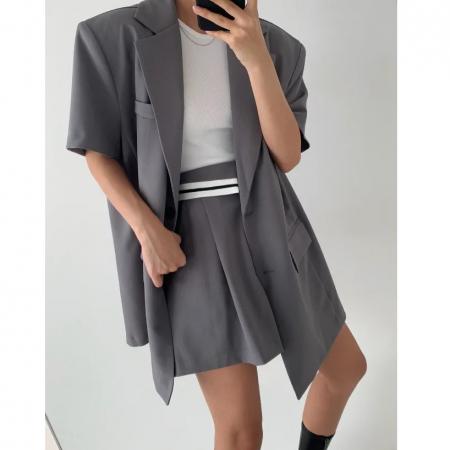 韩版西装套装夏气质休闲短袖设计感撞色西服外套短裤两件套 服裝批發女裝批發服飾貨源