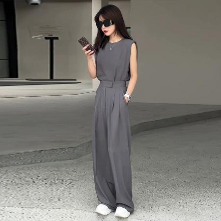 BY12249# 灰色时尚套装两件套显瘦气质简约韩系洋气通勤设计感夏季新款 服裝批發女裝批發服飾貨源