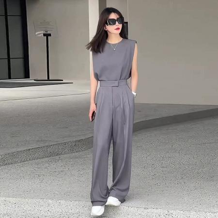 BY12249# 灰色时尚套装两件套显瘦气质简约韩系洋气通勤设计感夏季新款 服裝批發女裝批發服飾貨源