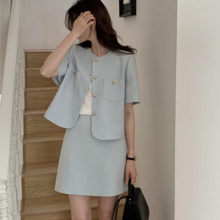 韩版新款小香风短袖西装套装夏时尚小个子圆领西服短裙两件套 服裝批發女裝批發服飾貨源