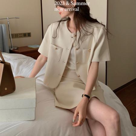 韩版新款小香风短袖西装套装夏时尚小个子圆领西服短裙两件套 服裝批發女裝批發服飾貨源