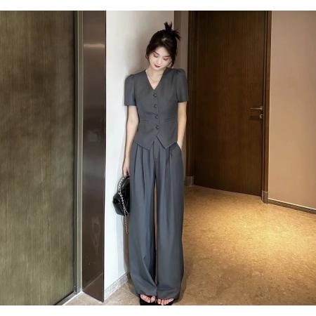 小香风气质职业套装新款百搭显瘦短袖上衣休闲阔腿裤两件套 服裝批發女裝批發服飾貨源