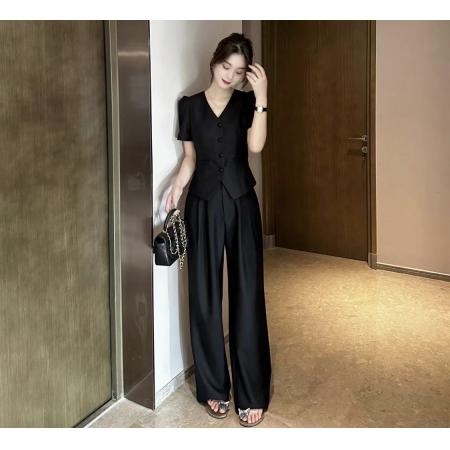 小香风气质职业套装新款百搭显瘦短袖上衣休闲阔腿裤两件套 服裝批發女裝批發服飾貨源