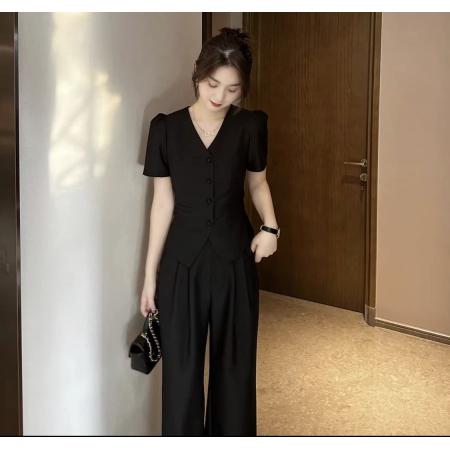 小香风气质职业套装新款百搭显瘦短袖上衣休闲阔腿裤两件套 服裝批發女裝批發服飾貨源