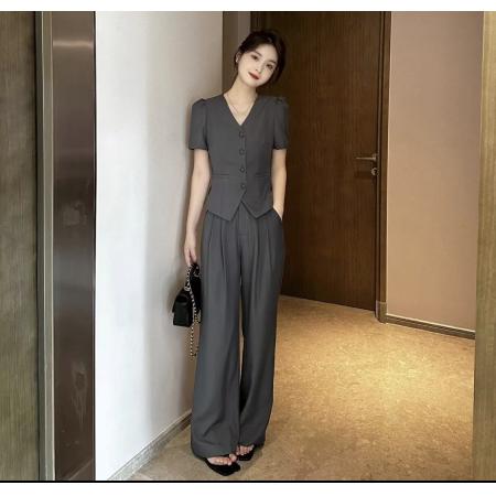 小香风气质职业套装新款百搭显瘦短袖上衣休闲阔腿裤两件套 服裝批發女裝批發服飾貨源