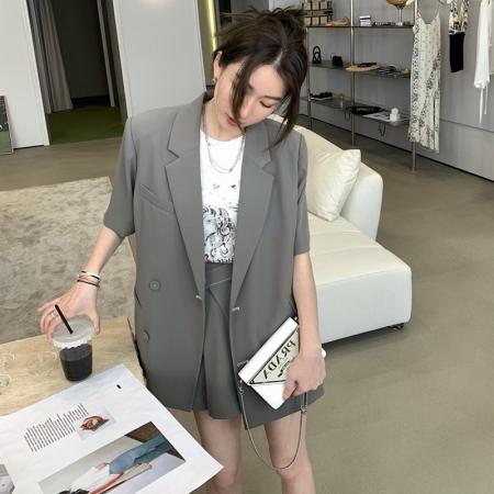 休闲短袖西装外套夏季新款职业设计感气质西服套装宽松两件套 服裝批發女裝批發服飾貨源