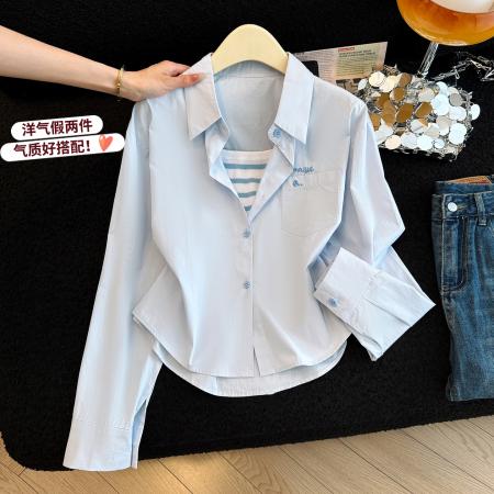 爆款设计感条纹内搭女春季糖果色宽松显瘦百搭两件套衬衣背心 服裝批發女裝批發服飾貨源