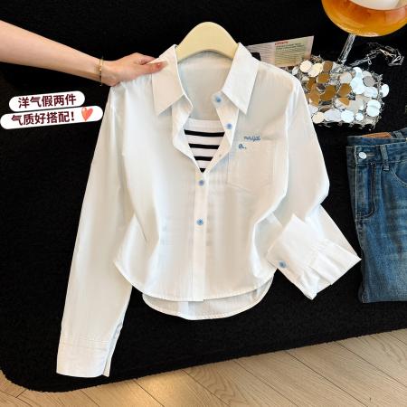 爆款设计感条纹内搭女春季糖果色宽松显瘦百搭两件套衬衣背心 服裝批發女裝批發服飾貨源