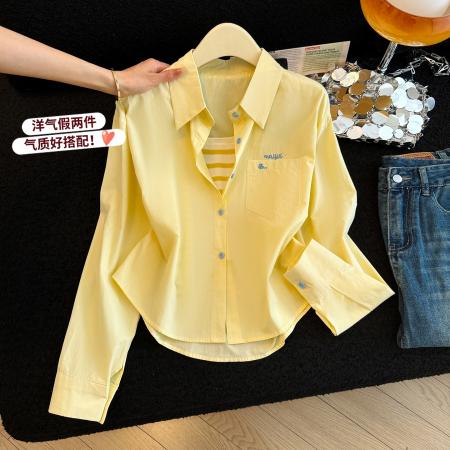 爆款设计感条纹内搭女春季糖果色宽松显瘦百搭两件套衬衣背心 服裝批發女裝批發服飾貨源