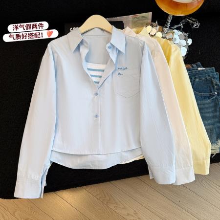 爆款设计感条纹内搭女春季糖果色宽松显瘦百搭两件套衬衣背心 服裝批發女裝批發服飾貨源