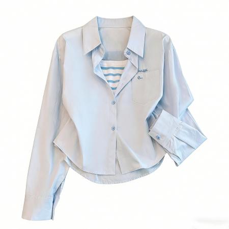 爆款设计感条纹内搭女春季糖果色宽松显瘦百搭两件套衬衣背心 服裝批發女裝批發服飾貨源