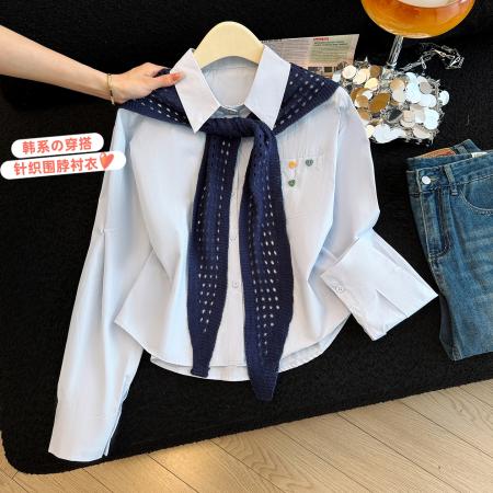 法式甜美风针织披肩衬衫女春季新款休闲长袖翻领宽松显瘦百搭上衣 服裝批發女裝批發服飾貨源