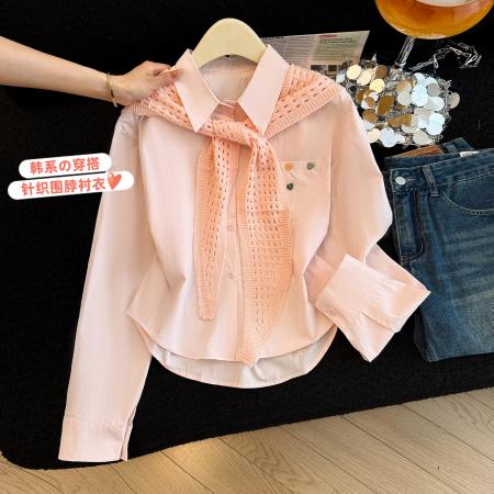 法式甜美风针织披肩衬衫女春季新款休闲长袖翻领宽松显瘦百搭上衣 服裝批發女裝批發服飾貨源
