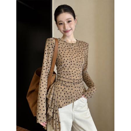 波点长袖t恤女早春时尚洋气显瘦百搭打底衫独特上衣服 服裝批發女裝批發服飾貨源