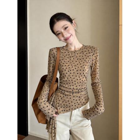 波点长袖t恤女早春时尚洋气显瘦百搭打底衫独特上衣服 服裝批發女裝批發服飾貨源