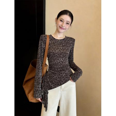 波点长袖t恤女早春时尚洋气显瘦百搭打底衫独特上衣服 服裝批發女裝批發服飾貨源