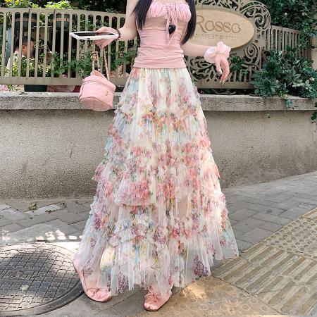 重工拼接印花网纱蛋糕裙半身裙女新款显瘦裙子长裙半裙伞裙四季款 服裝批發女裝批發服飾貨源