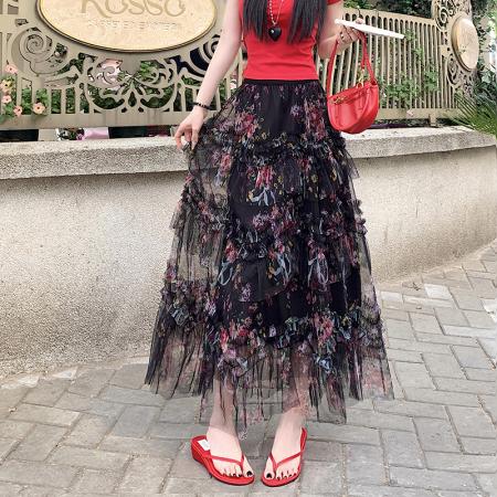 重工拼接印花网纱蛋糕裙半身裙女新款显瘦裙子长裙半裙伞裙四季款 服裝批發女裝批發服飾貨源