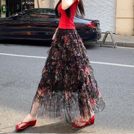 重工拼接印花网纱蛋糕裙半身裙女新款显瘦裙子长裙半裙伞裙四季款 服裝批發女裝批發服飾貨源