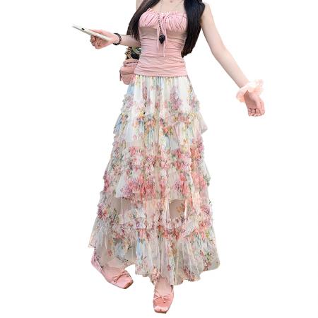 重工拼接印花网纱蛋糕裙半身裙女新款显瘦裙子长裙半裙伞裙四季款 服裝批發女裝批發服飾貨源