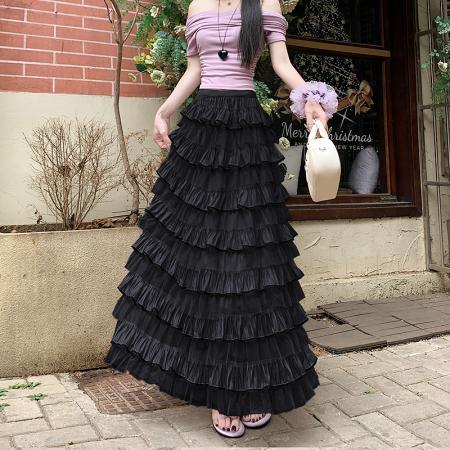 重工拼接印花网纱蛋糕裙半身裙女夏季新款显瘦裙子长裙半裙伞裙 服裝批發女裝批發服飾貨源