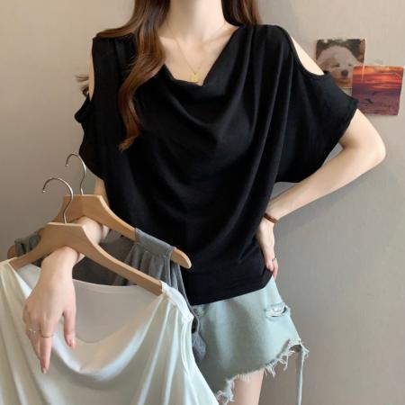 大码胖MM夏季新款美式露肩荡领宽松遮肉短袖蝙蝠衫上衣T恤 服裝批發女裝批發服飾貨源