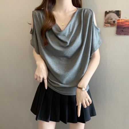 大码胖MM夏季新款美式露肩荡领宽松遮肉短袖蝙蝠衫上衣T恤 服裝批發女裝批發服飾貨源